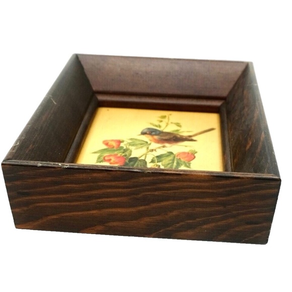 VINTAGE SHADOW BOX FRAMED BIRD & FLOWERS PRINT~6.5” x 5.2” x 1.5” - Picture 2 of 3